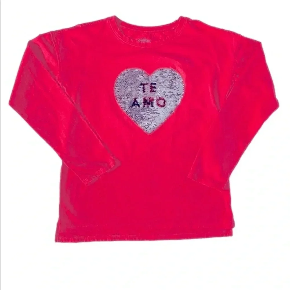 OshKosh B'gosh Girls XL 14 Flip Sequin Je T'aime Te Amo Heart Tee